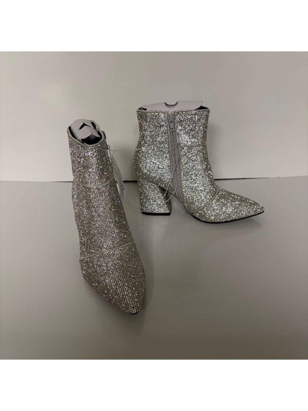 A New Day Silver Rhinestone Ankle Booties Womens Size 6W Chunky Heel Pointed Toe